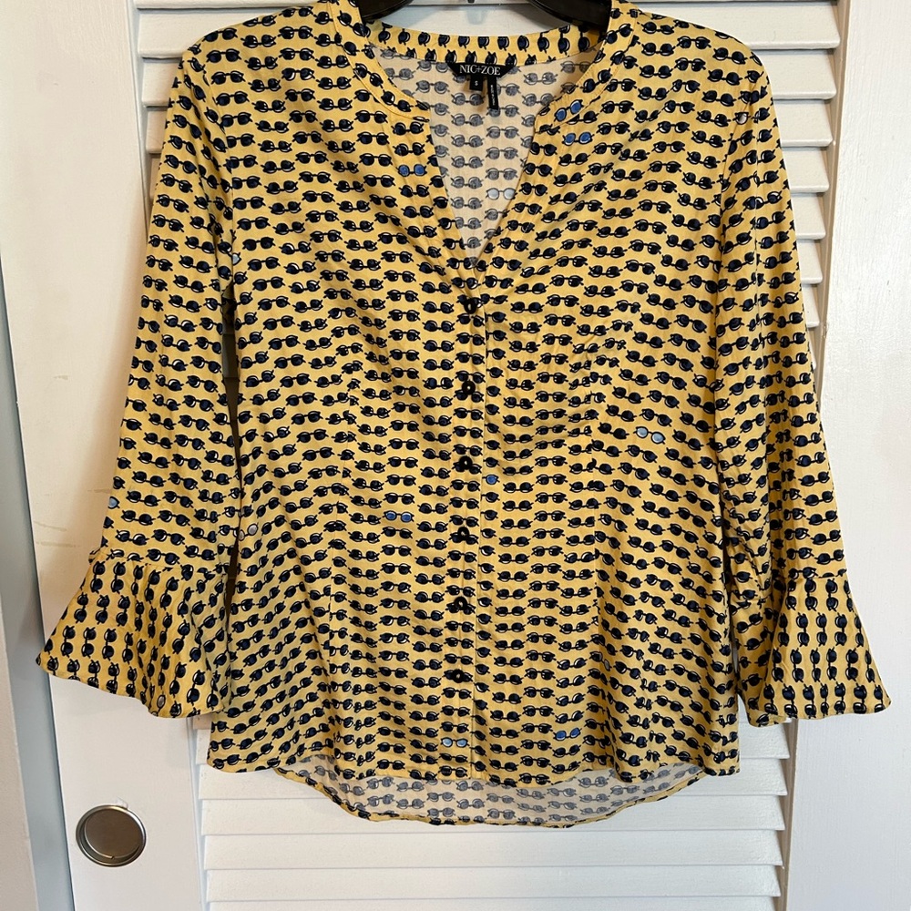 Nic+Zoe Yellow Sunglasses Patterned Blouse